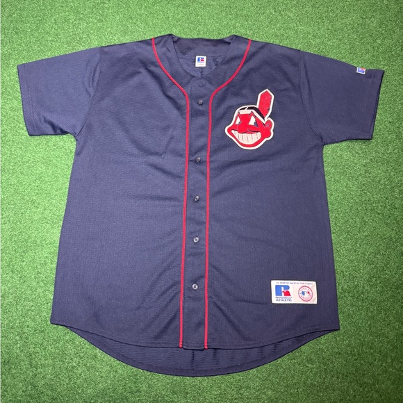 Vintage 90s Cleveland Indians Russell Athletic Large Blue Retro Baseball Jersey - Picture 1 of 8